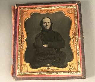 1/6 Plate Daguerreotype Man W/ Black Beard,  Seals,  Half Case
