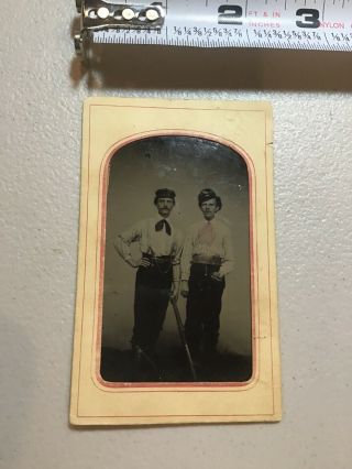 19th Century Baseball Themed Tin Type Dual Players In Uniform W Bat Tintype