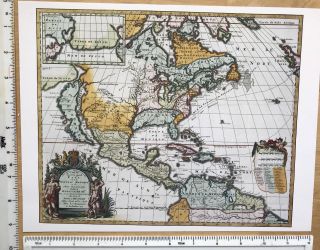 Antique Old Colour Vintage Map 1600s North America 1698 Hennepin 12 X 9 " Reprint