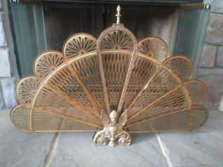 Vintage Victorian Fancy Brass Folding Peacock Fan Fire Place Screen