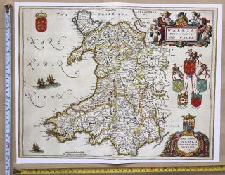 Historic Old Tudor Antique Vintage Blaeu Map Of Wales 1645 1600 