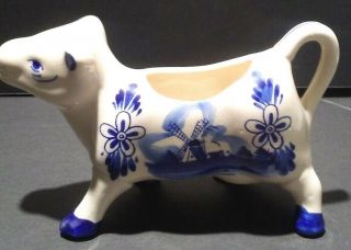 Delft Blue Ceramic Cow Creamer Pitcher Hand Painted Holland Windmill Flowers