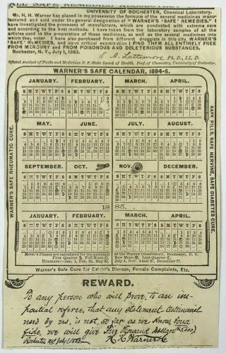 1884 1885 Calendar Volcano Island Village Warner ' s Safe Cure Quack Medicine Card 2