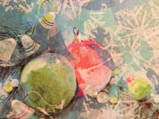 Vintage 60s Christmas Card Abstract Ornaments Bells Balls Pink Blue Green