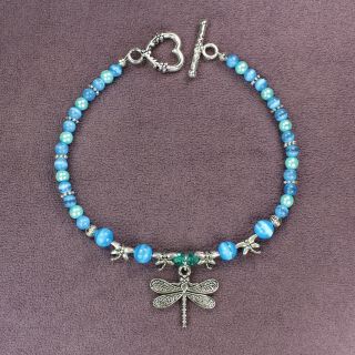 Dragonfly Totem Bracelet Blue Aqua Silver Heart Crystals Catseye Beads Insect