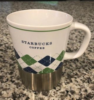 Starbucks 2006 Coffee Blue Green Mug Plaid Argyle Stainless Steel Ceramic Cup 14