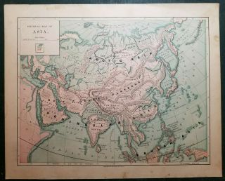 1875 Vintage Color Detailed Physical Map Of Asia & Islands