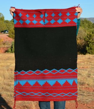 Vtg Navajo Woven Dress Rug - 2 Sided - Black,  Deep Red,  Turquoise Blue 39 " X 27 "