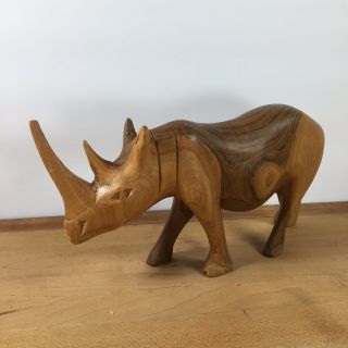 Hand Carved Wood Rhinoceros Rhino Figurine Figure Statue Wooden Decor Art Boho