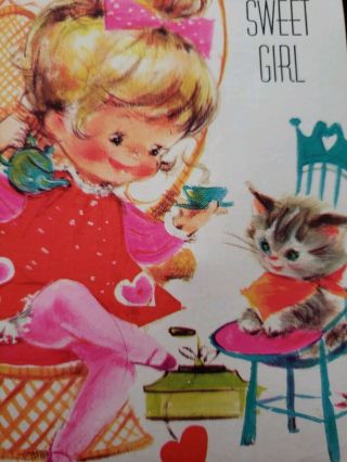 Vtg Gibson Valentine Greeting Card Cute Girl Having Tea With Kitten Cat Mcm