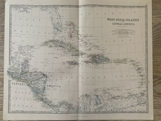 1883 West Indies & Central America Large Hand Coloured Map By A.  K.  Johnston