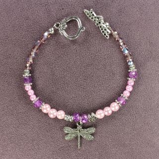Dragonfly Totem Bracelet Pink Purple Tibetan Silver Crystals Beads Insect Flower