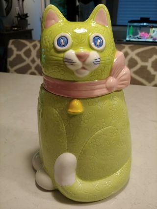 Vintage Lime Green Kitty Cat Cookie Jar With Pink Bow,  Poppytrail California