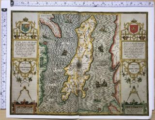 Old Historic Tudor Map Of Isle Of Man,  England: John Speed 1600 