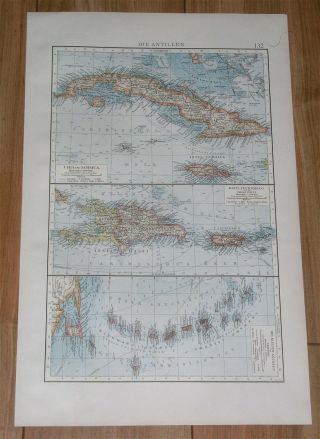 1896 Antique Map Of Puerto Rico Cuba Haiti Caribbean West Indies