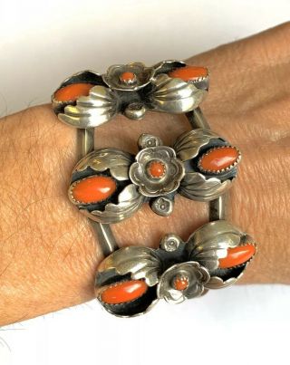 Vintage Native American Navajo Sterling Silver & Coral Cuff Bracelet