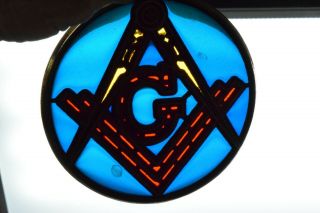 Vintage Masonic Hanging Car Window Ornament Blue Yellow Red 4 " Diameter See Thru