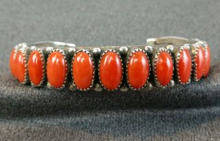 Navajo Domed Red Coral Sterling Silver Cuff Bracelet Vintage Fantastic