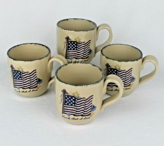 Set Of 4 Home & Garden Party Mugs Cups - 2004 Stoneware Flag Design - U.  S.  A.