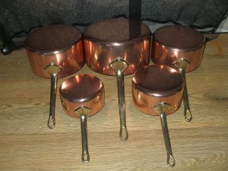 Vintage French Set 5 Copper Cuisine Kitchen Sauce Pan Brass Handles Tin Lined
