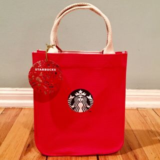 Nwt Starbucks 2018 Holiday Canvas Tote Bag Christmas Red W/ Festive Pattern