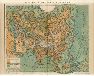 1895 Asia Physical Map China Japan Russia Siberia India Siam Antique Map