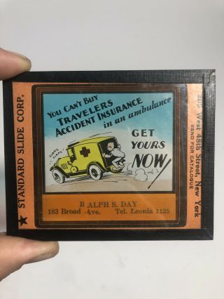 Vintage Magic Lantern Slide Advertising Accident Insurance Old Ambulance Photo