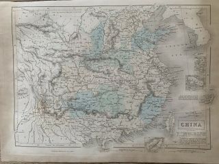 1851 China Hand Coloured Antique Map 168 Years Old