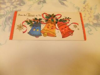 Vintage Christmas Card From The Three Of Us Bells Family Ribbons Snowflakes