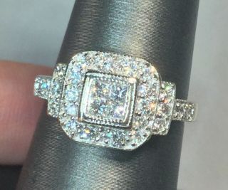 Vintage Round And Princess Cut Diamond Ring 14k White Gold