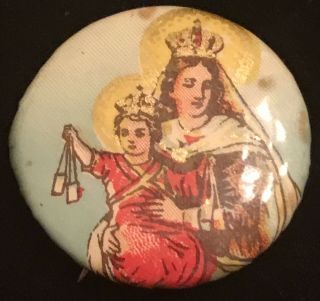 Vintage Celluloid Virgin Mary And Baby Jesus Religious Pin