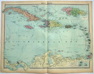 West Indies: Large 1926 Map By George Philip.  Vintage