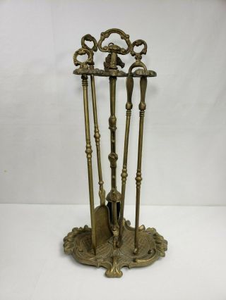 Vintage 5 Piece Solid Brass Fireplace Tool Set In