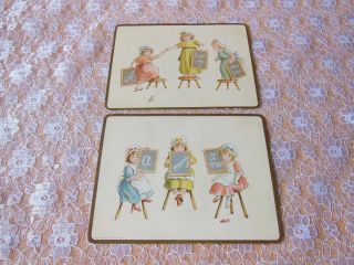 Victorian Christmas/new Year Cards/girls Sitting/standing On Stools/mouse/m.  Ward