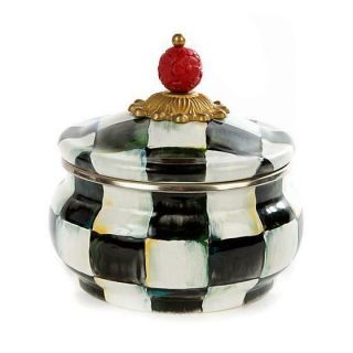 Mackenzie Childs Courtly Check Enamel Squashed Pot - Carved Faux Cinnabar Bead