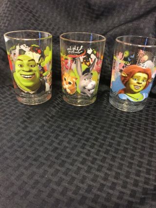 Set Of 3 Dreamworks Collectors Glass Shrek The Third Fiona And Donkey/puss 2007