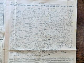 1944 Map Flying Bombs Sussex Ww2 Newspaper Military Kent Courier German V1 V2