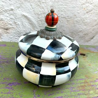 Mackenzie - Childs Courtly Check Enamel Squashed Pot Canister Lidded Bowl