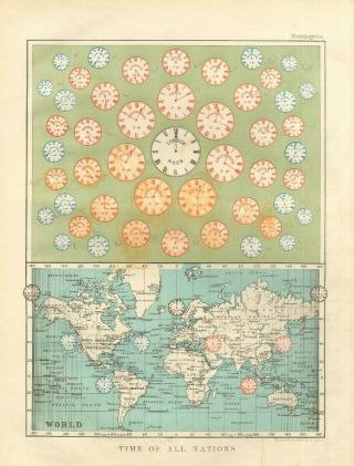 Time Of All Nations,  World Map By W & A K Johnson C1900