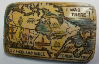 1983 World Boy Scout Jamboree Alberta Canada Wooden Pin " I Was There " W/ Map