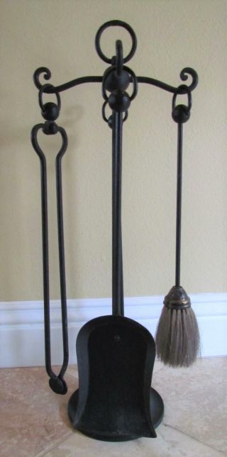 Vintage B & H Tudor Spanish Revival Fireplace Iron Tool Set Poker Shovel