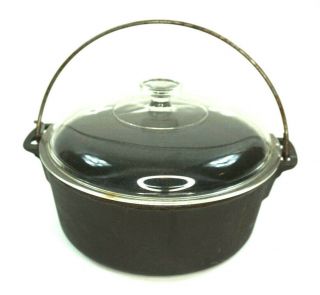 Vtg 1891 Wagner Ware 5 Qt Cast Iron Dutch Oven W/ Glass Lid Made In Usa Pot