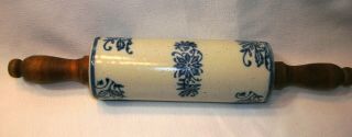 Vintage Cobalt Blue White Crock Stoneware Wood Handle Rolling Pin Flower Pattern