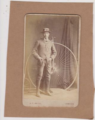 Small Cdv/cabinet Uniformed Man & Penny Farthing Bicycle C1890s H T Reed Croydon