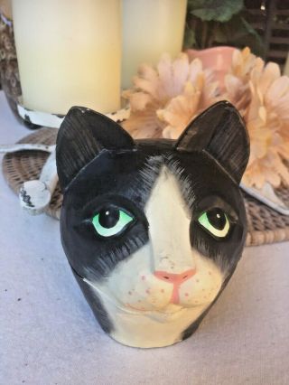 Adorable Cat Kitty Paper Mache Trinket Box Cat Head So Cute Black & White Gift
