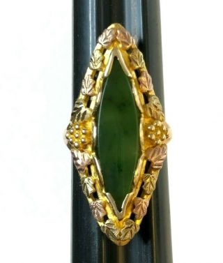 Vintage Black Hills Gold Jade Ring Size 7 Rose Gold Grape Leaves Landstrom 