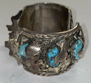 Vintage Old Pawn Navajo Sterling Silver Turquoise Watch Cuff J.  TSO 132 Grams 3