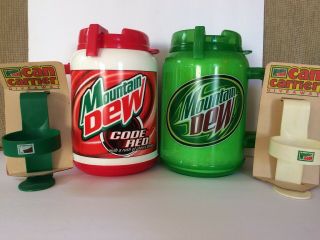 Mtn Dew & Code Red Mountain Dew 64oz Insulated Travel Mugs W/bonus Can Carriers