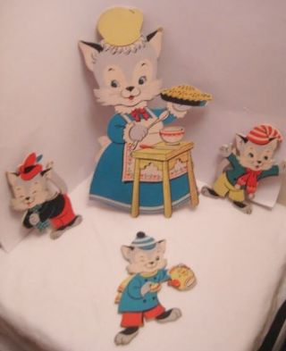 4 Old 1955 Cardboard Three Little Kittens / Cat Plaques - Dolly Toy Tipp City Oh