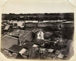 Large Albumen Photograph Macao & Canton Steamship Pearl River Harbor,  China 1870